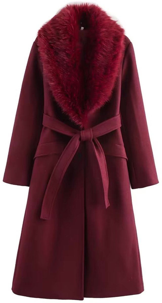 Manteljas - Dames lange mantel - Trenchcoat - Faux fur kraag - Wolmantel - Rood - S