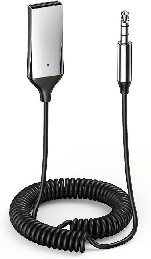 Zilveren Bluetooth-ontvanger met een zwarte, gedraaide kabel en een 3.5mm jack.