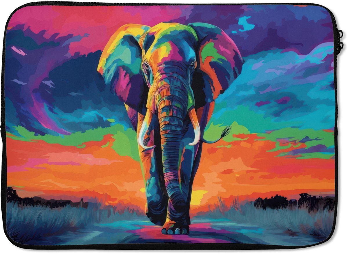 Laptophoes 14 inch - Olifant - Kleurrijk - Lucht - Abstract - Laptop sleeve - Binnenmaat 33x23 cm - Zwarte achterkant