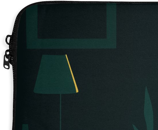 Laptophoes met donkergroen patroon van een staande lamp en een raam.