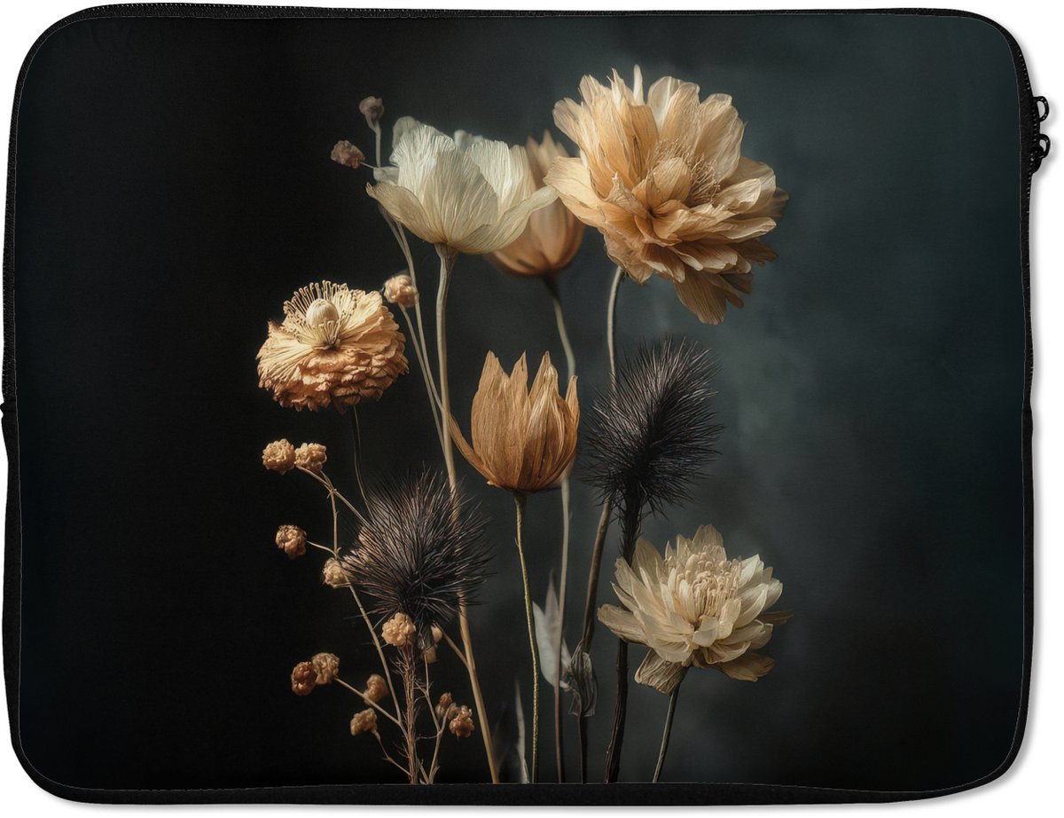 Laptophoes 15.6 inch - Boeket - Bloemen - Licht - Zwart - Laptop sleeve - Binnenmaat 37x26 cm - Zwarte achterkant
