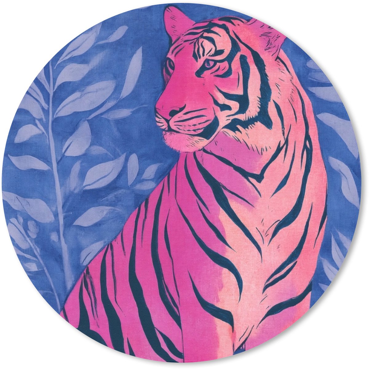 Muismat rond 20x20 cm - Mousepad Tijger - Roze - Bladeren - Jungle - Ronde muismatten