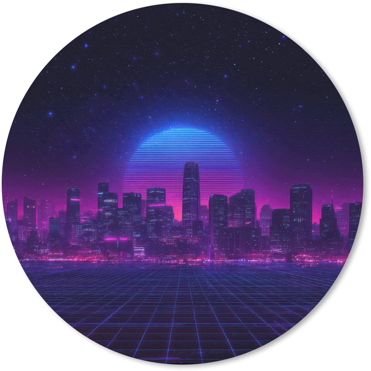 Muismat rond 40x40 cm - Mousepad Skyline - Zon - Neon - Rasterpatroon - Ronde muismatten