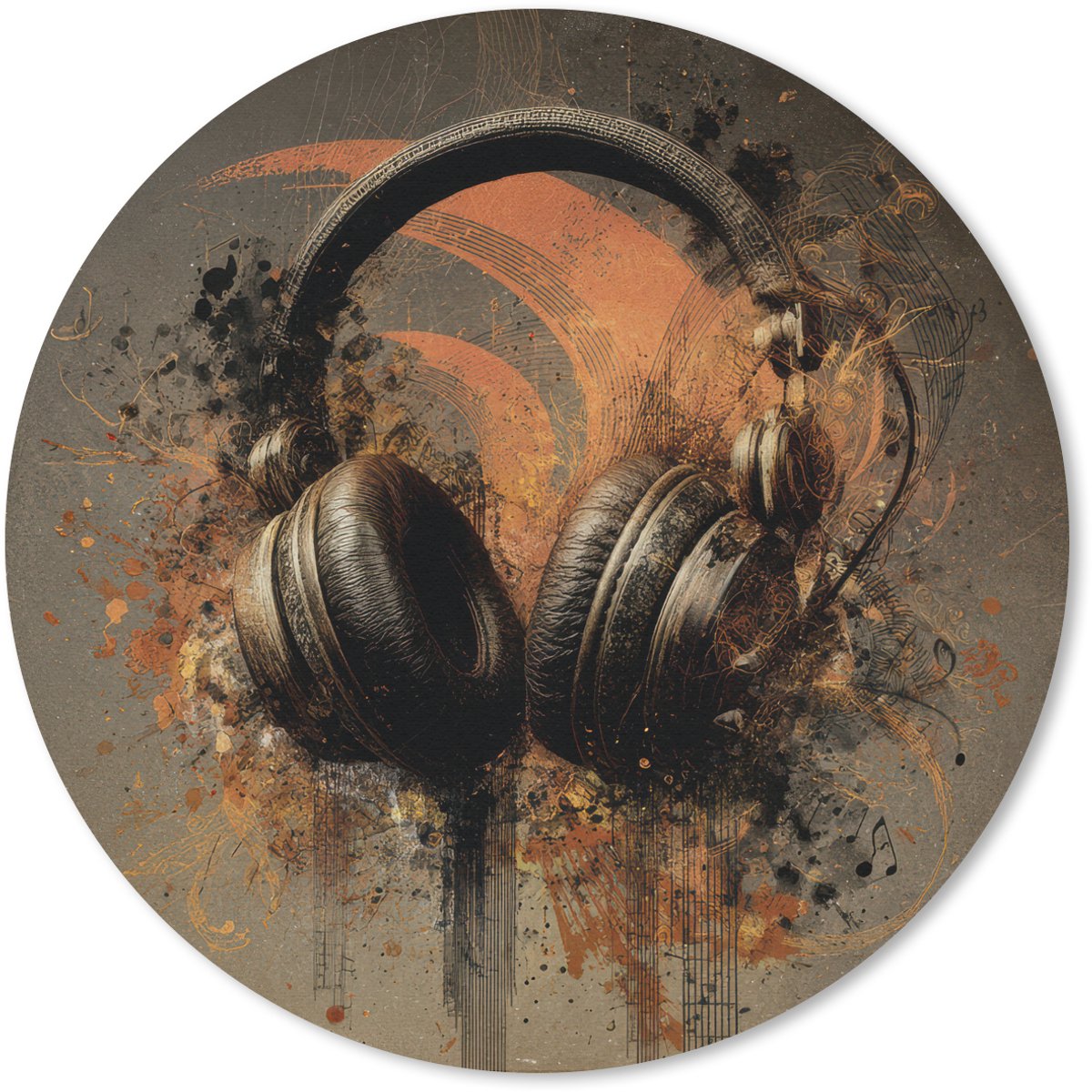 Muismat rond 20x20 cm - Mousepad Koptelefoon - Bruin - Verf - Vintage - Ronde muismatten