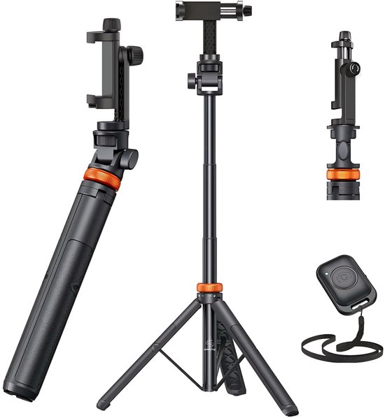 Somstyle Telefoonstatief - 149 CM Uitschuifbaar Statief - Tripod voor Smartphone & Actioncam - Selfiestick met Afstandsbediening - Zwart / Oranje