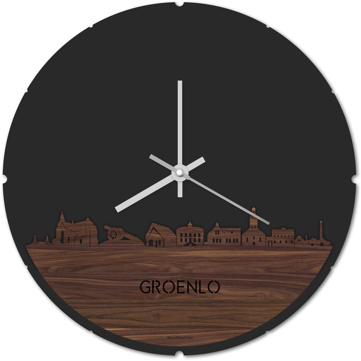 Skyline Klok Rond Groenlo Notenhout - Ø 44 cm - Stil uurwerk - Wanddecoratie - Meer steden beschikbaar - Woonkamer idee - Woondecoratie - City Art - Steden kunst - Cadeau voor hem - Cadeau voor haar - Jubileum - Trouwerij - Housewarming -