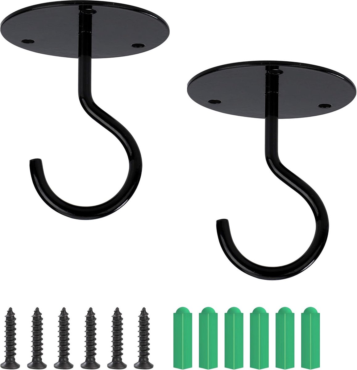 Plafondhaak met schroefdop voor wandmontage - voor het ophangen van lampen, plantenmanden, plantenbakken, voederbakken voor vogels, lantaarns, windgongen en klamboes - 2 stuks - zwart