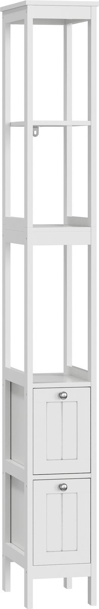 Merax Smalle Vrijstaande Badkamerkast – Hoog Kastje met 2 Lades en 3 Planken – MDF Opbergkast voor Kleine Badkamers – Wit – 20x30x160 cm
