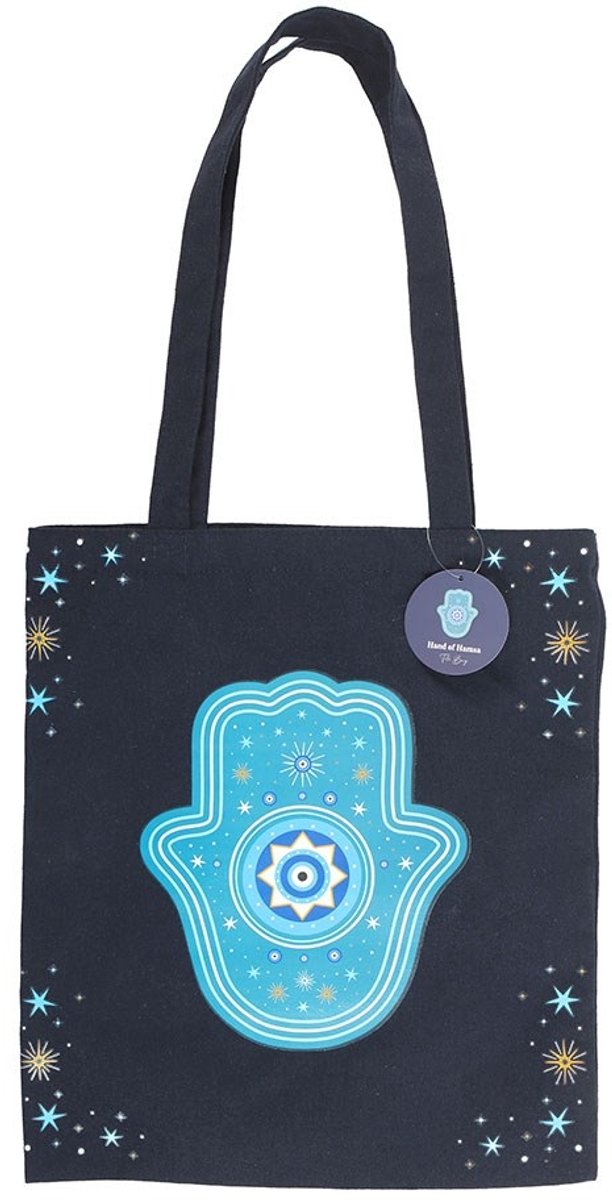 Spirituele 'Hand of Hamsa' Polycotton Tote Bag - Donkerblauwe Draagtas met Hamsa Hand & Boze Oog Print - 70 cm