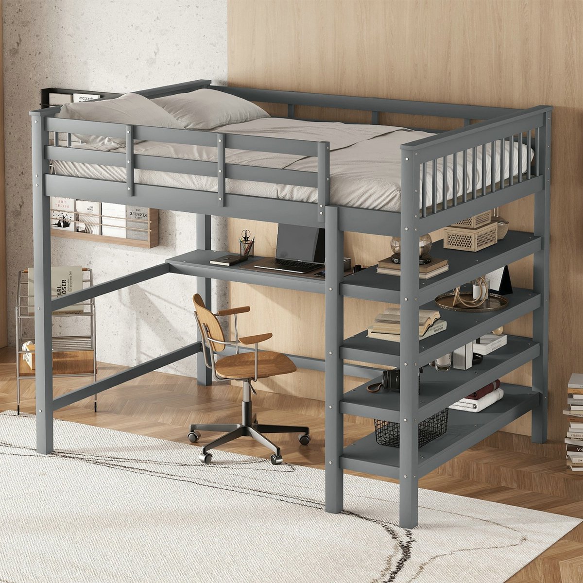 VVBV Hoogslaper 140x200 cm, kinderbed met opbergruimte en bureau, zonder matras, grijs, Grijs + Grenen(matras niet inbegrepen)
