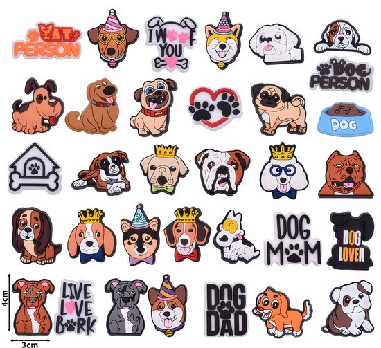 Verschillende hondjes en honden thema bedels, waaronder 'Dog Mom', 'Dog Lover', 'Dog Dad' en hondenpootjes.