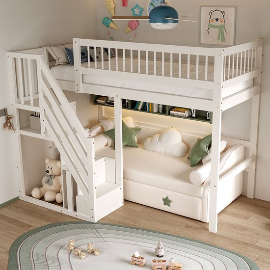 Aunvla Hoogslaper, 90 x 200 cm, kinderbedden, bed boven, tafel onder, grote opbergruimte, hoge leuning, stabiele trap, wit Aunvla Hoogslaper, 90 x 200 cm, kinderbedden, bed boven, tafel onder, grote opbergruimte, hoge leuning, stabiele trap, wit