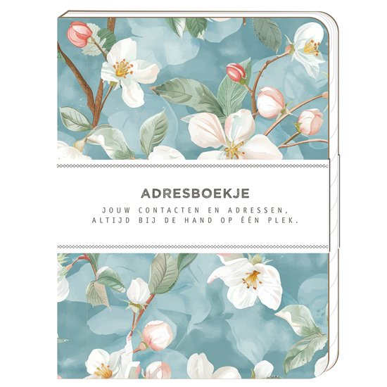 Adresboekje met een aquablauwe achtergrond, bedekt met bloeiende witte en roze bloesems en groene bladeren.