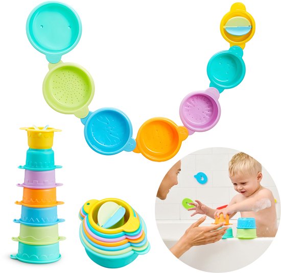 Munchkin Badspeelgoed - Connect A Cup - Vrolijke Badbekertjes - Badspeelgoed voor Jongens en Meisjes - Leerrijk voor Kinderen - Vanaf 9 Maanden - 7 bekertjes voor in bad