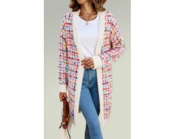 Crèmekleurige bouclé ruitjesvest met regenboogkleurige stippen