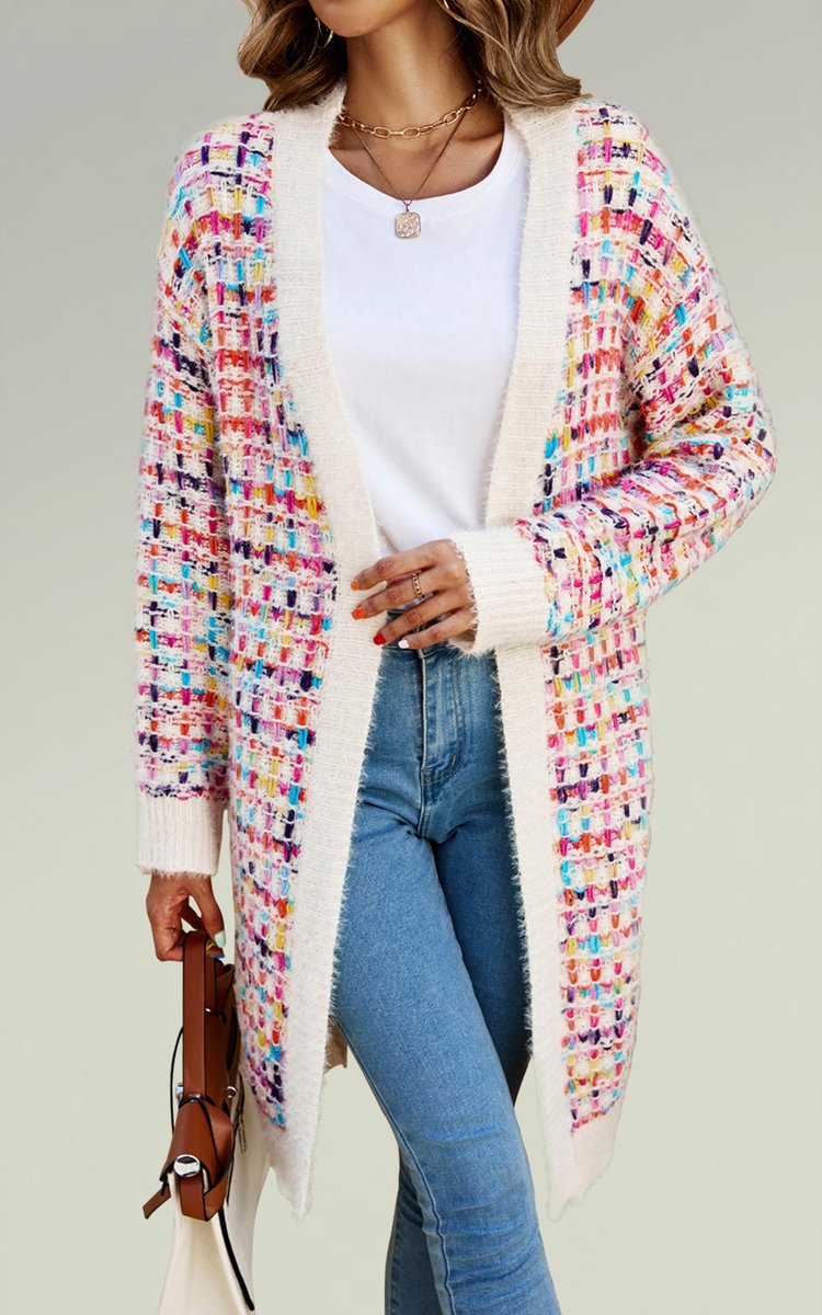 Crèmekleurige bouclé ruitjesvest met regenboogkleurige stippen