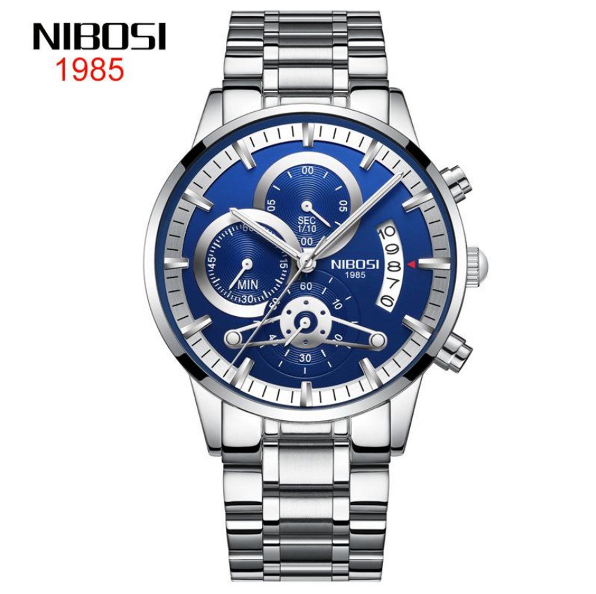 NIBOSI Horloge 2309 - Zilverkleurig-Blauw - Heren - Quartz - Chronograaf - Stalen Band - Luxe en Stijlvol