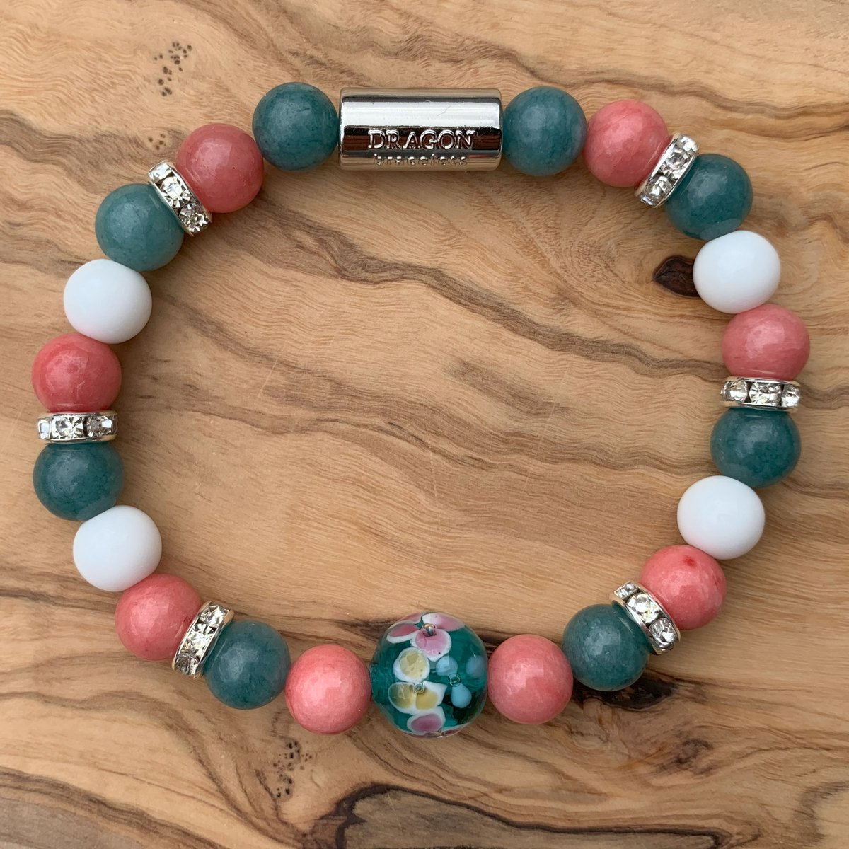 Dragon Bracelets Flower Garden - Dames Armband - Lampwork Glas - Natuursteen - Groen - Roze