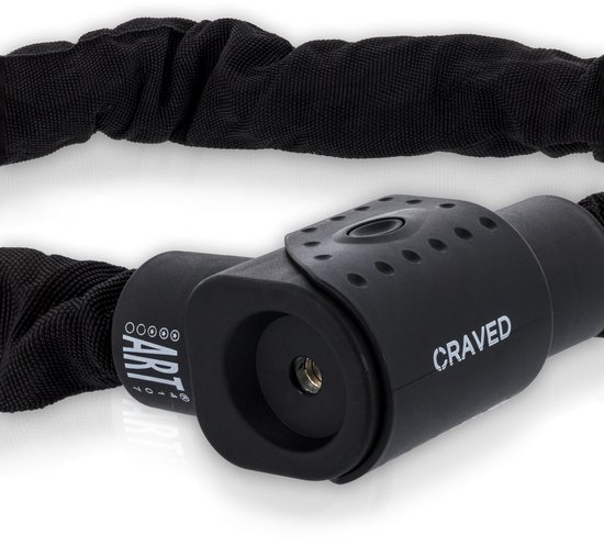 Detail van het zwarte kettingslot met 'CRAVED' logo en ART keurmerk.