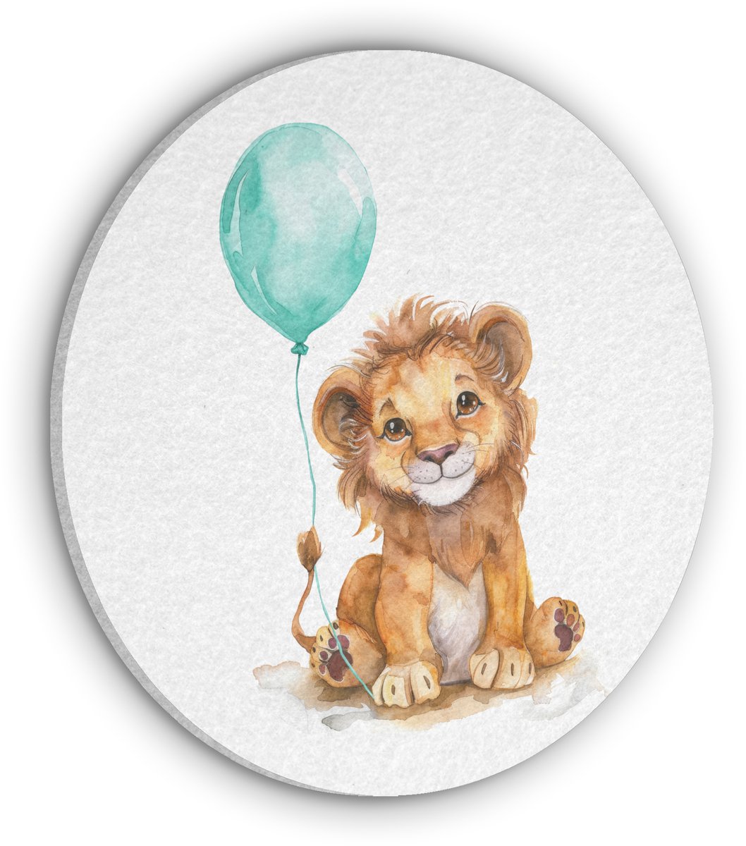 Akoestisch wandpaneel rond 30x30 cm - Vilt schilderij Leeuw - Baby dier - Blauwe ballon - Ronde akoestische panelen - Geluidsdempende wanddecoratie - Geluidsisolatie wandcirkel - Muurdecoratie geluidspanelen