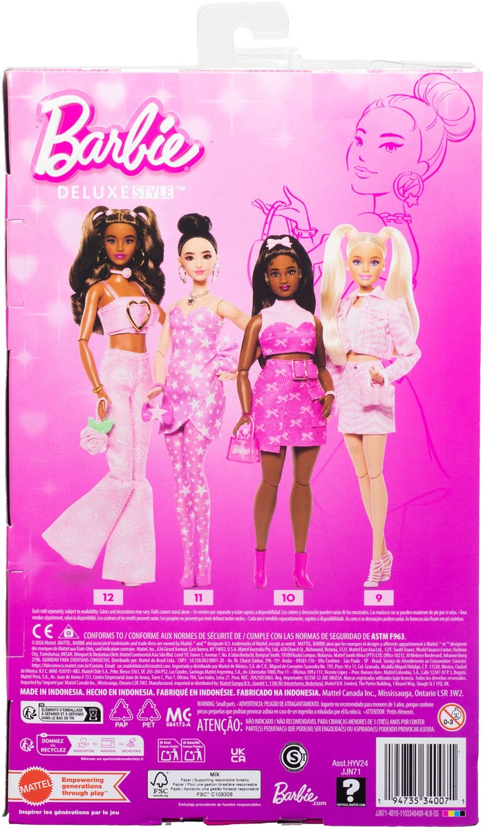 Barbie Deluxe Stijl - Roze Denim Jurk met Sterrenprint en Zwart Haar - Modepop van Barbie — afbeelding 2