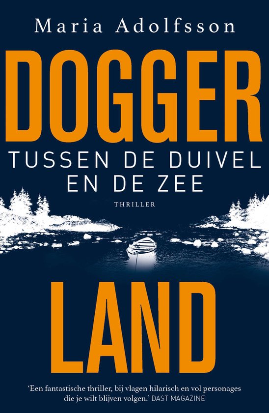 Boek "Doggerland 3 - Tussen de duivel en de zee". Met een boot op het water en besneeuwde bomen.