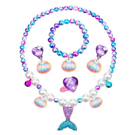 Zeemeermin Sieradenset Schelpjes en Belletjes - Paars/ Blauw Zeemeermin - Ketting - Oorbellen - Armband - Ring - Meisjes Sieraden - Paars - Geschenkset