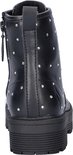 Achterkant van zwarte Skechers laars met zilveren studs, veters en rits.