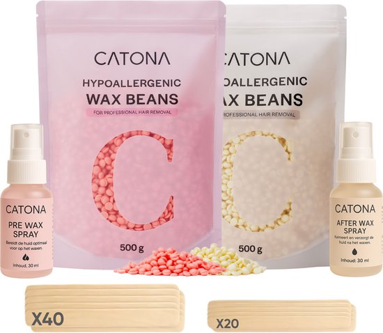 CATONA® Wax Bonen - Wax - Wax Beans - Hypoallergeen - Wax Parels - 1KG - Inclusief 60 Spatels + Pre & Afterspray en Neuswax
