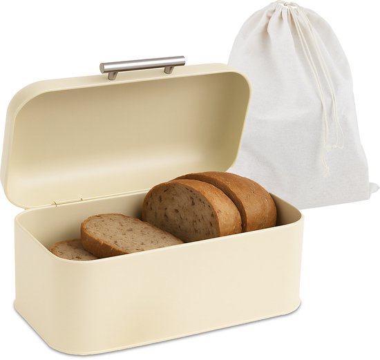 Boîte à pain crème avec du pain tranché et un sac à pain crème.