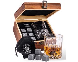 WOMA Luxe Whiskey Set Incl. Whisky Glas, 6 Basalt Whiskey Stenen, Fluwelen Opbergzakje & Luxe Houten Opbergbox - 300 ml Whiskey Glazen - Geschenkset Mannen - Mannen Cadeau