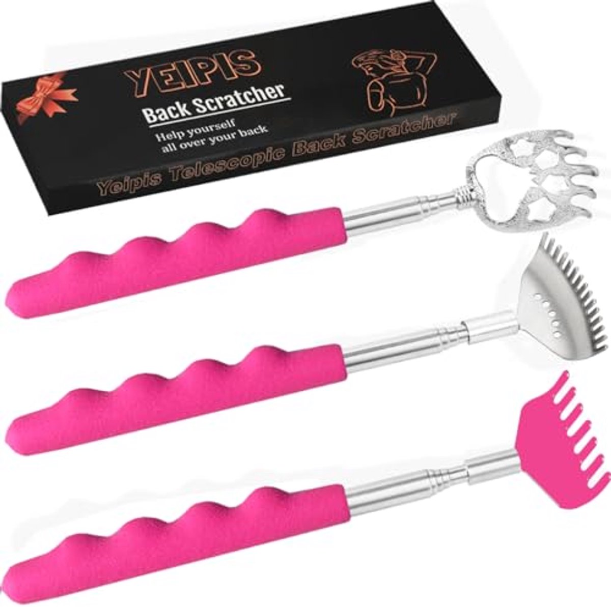 Set van 3 telescopische rugkrabbers met rubberen handgrepen - Draagbare rugmassagegereedschappen