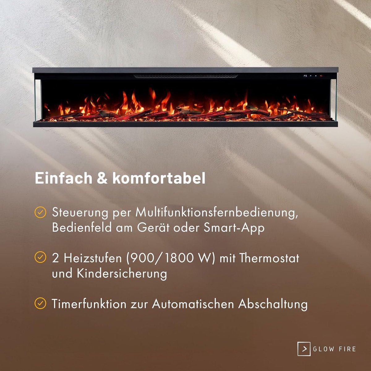 Elektrische Inbouwhaard Ganeey FlameLux 3D LED 183 cm – Realistisch Vlameffect met Knettergeluid – Moderne Wandhaard met Verwarming, Thermostaat, App-bediening, Timer & 10 Kleuren – 1800W – Zwart – Inclusief 2 Decoraties