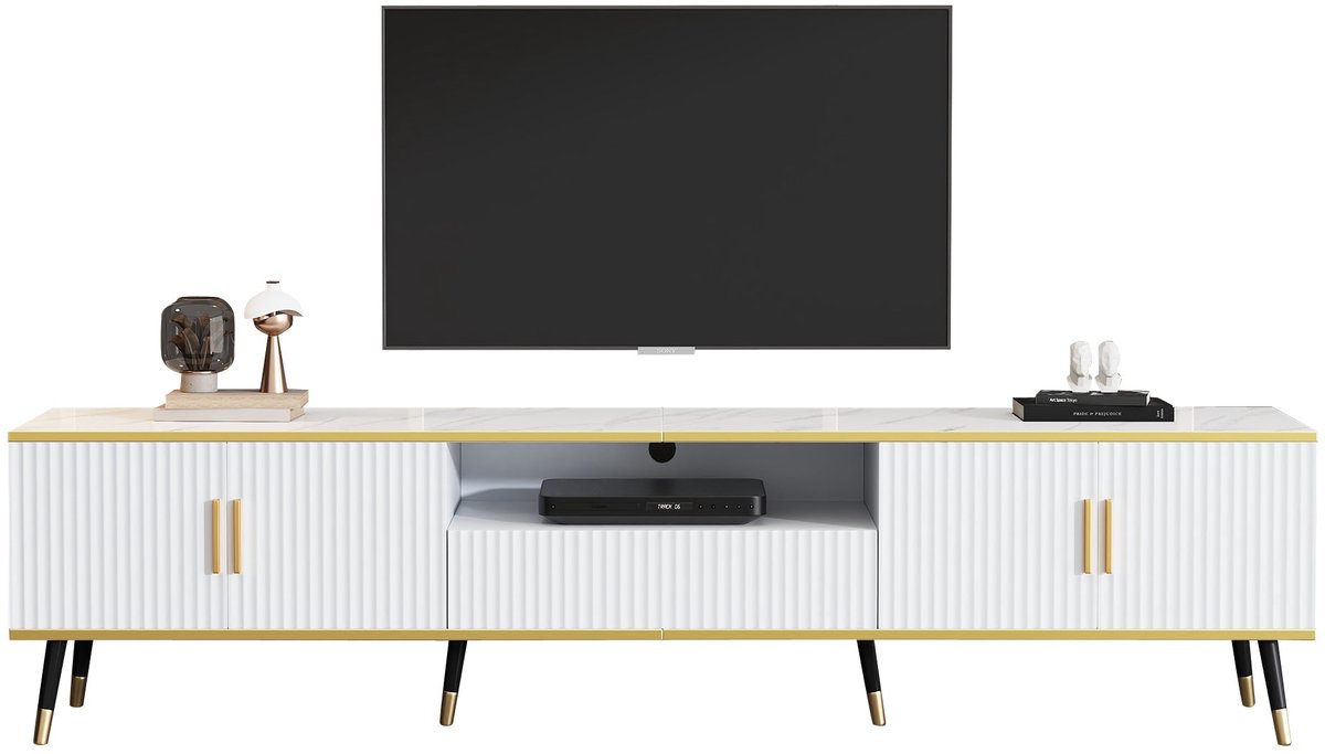 Merax Modern TV-Meubel 200 x 40 x 46 cm – Witte TV-Kast met Marmerlook - Gouden Accenten en Opbergruimte – Geschikt voor TV’s tot 90 inch – Luxe Design