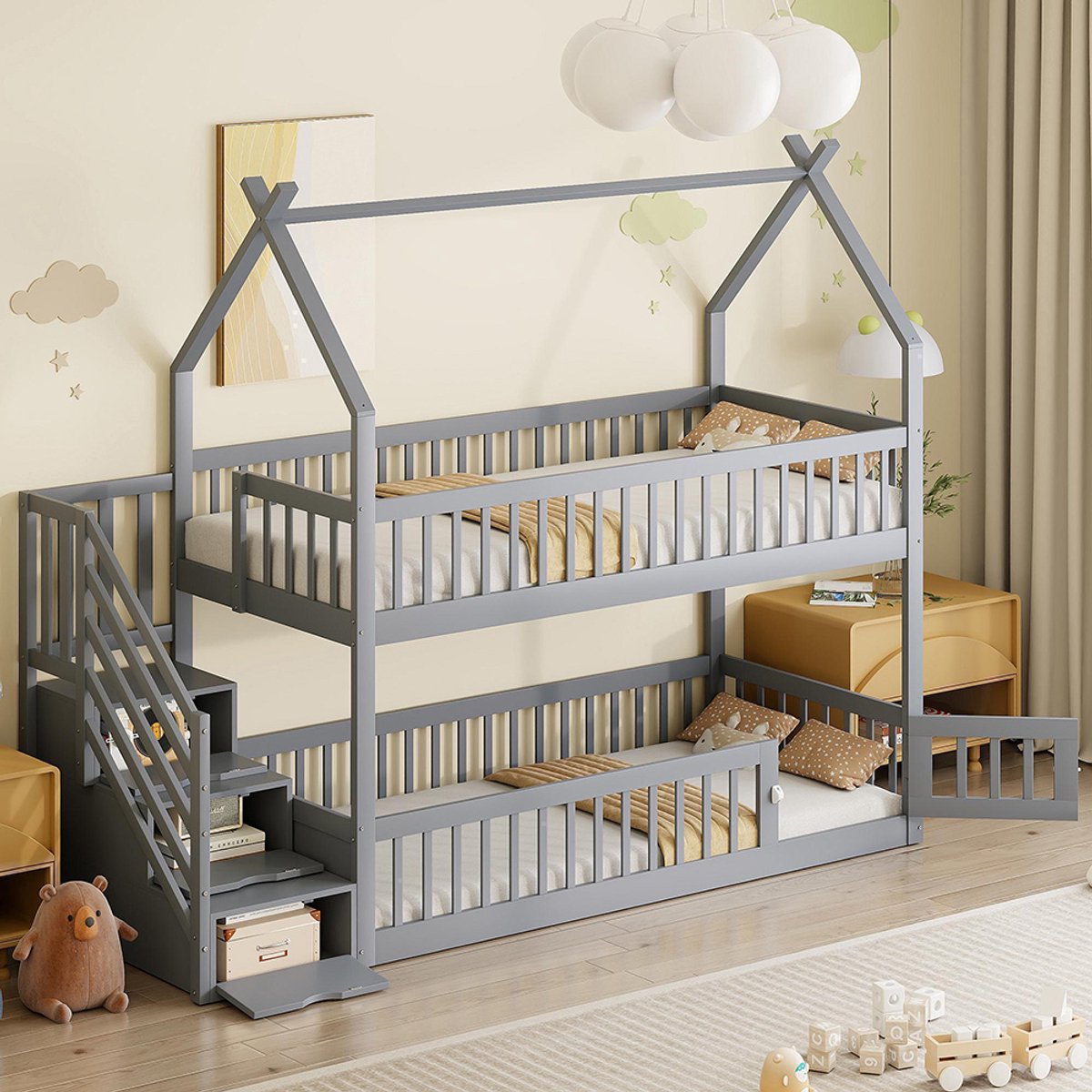 Pugsdrly Stapelbed voor kinderen 90 x 200 cm, massief houten bed met dak, veiligheidsladder en opberglades, opbergruimte, kinderbed, eenpersoonsbed, grijs