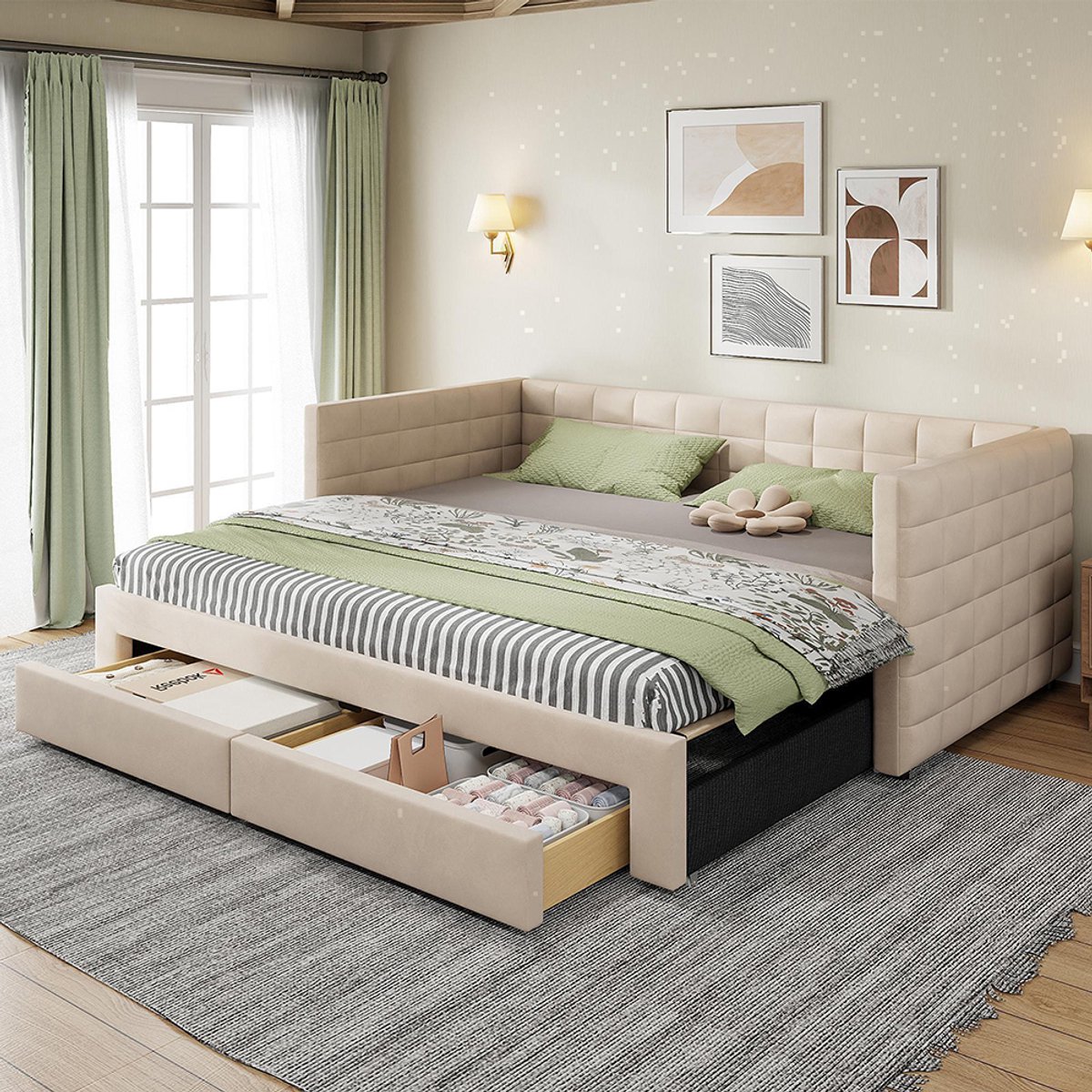 Pugsdrly 3-in-1 gestoffeerd bed Uitschuifbare slaapbank 90 x 190 cm, multifunctioneel bed, met lades, om te vormen tot eenpersoons-/tweepersoonsbed met lattenbodem, katoen en linnen, beige (matras niet inbegrepen)