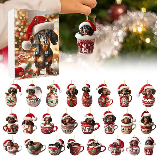 Teckel adventskalender 2025, 24 dagen teckel ornamenten kerst countdown kalender, 24 grappige teckels 2D acryl decoratie figuren voor boom en sleutelhanger