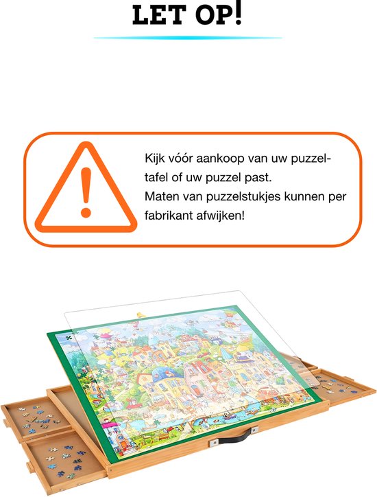 Waarschuwing over de afmetingen van puzzelstukjes. Houten puzzelbord met vier lades.