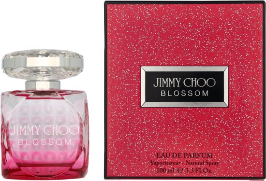 Doos en fles Jimmy Choo Blossom, rood met spikkels en glazen fles.
