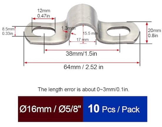 PATIKIL Stijve Buisband – 8 Mm – 25 Stuks – 304 Roestvrij Staal – 2-gats U-beugel – Voor Leidingen, Kabels En Slangen