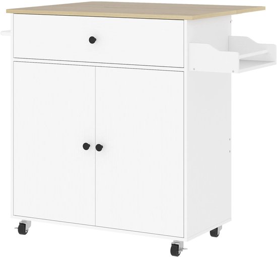 Sapgaks Desserte keukeneiland op wielen, keukenkast met inklapbare werkbladen, handdoekhouder, 2 laden, 3 deuren met opbergruimte (1 met legplank), 129 x 71 x 91,5 cm, wit Sapgaks Desserte keukeneiland op wielen, keukenkast met inklapbare werkbladen, handdoekhouder, 2 laden, 3 deuren met opbergruimte (1 met legplank), 129 x 71 x 91,5 cm, wit