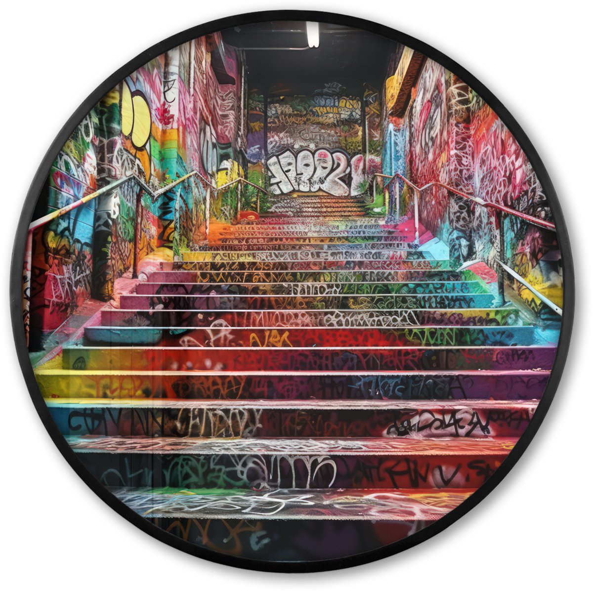 FrameYourWall Poster in lijst Rond - Fotolijst 80x80 cm - Posters - Trap - Graffiti - Kleuren - Kunst - Ronde posterlijst zwart - Decoratie - Wanddecoratie woonkamer - Muurdecoratie slaapkamer Graffiti - Trap