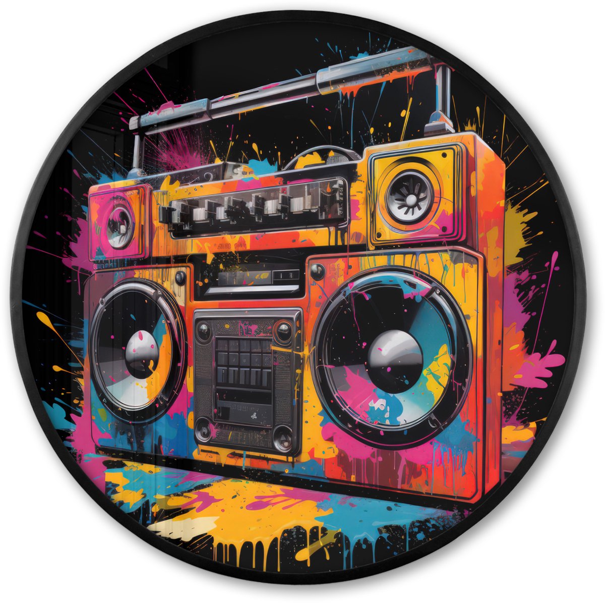 FrameYourWall Poster in lijst Rond - Fotolijst 80x80 cm - Posters - Radio - Graffiti - Box - Kleuren - Zwart - Ronde posterlijst zwart - Decoratie - Wanddecoratie woonkamer - Muurdecoratie slaapkamer