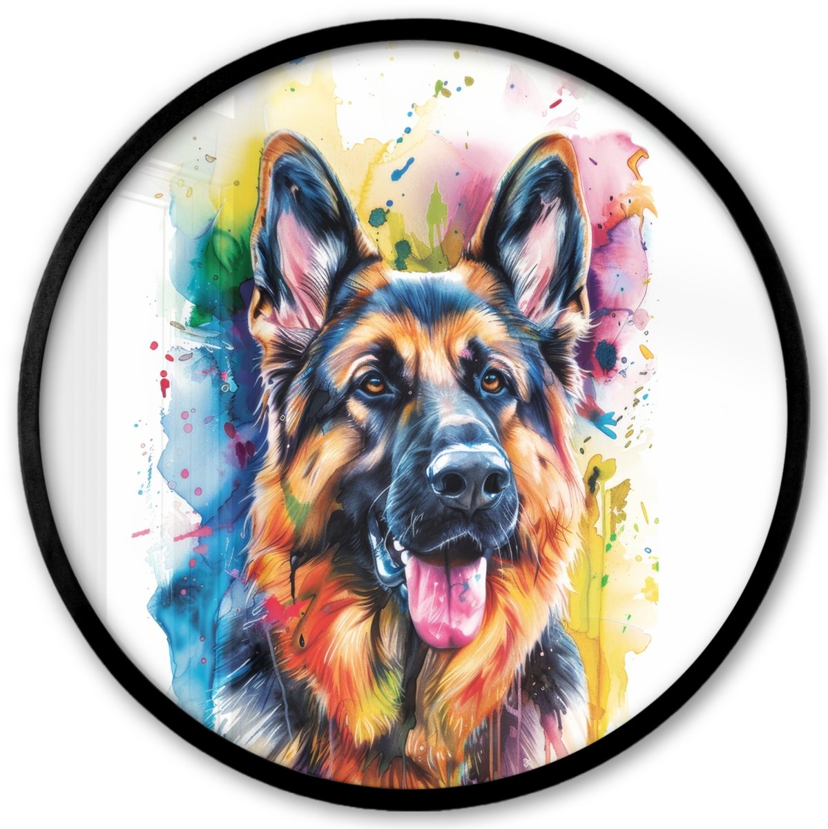 FrameYourWall Poster in lijst Rond - Fotolijst 40x40 cm - Posters - Hond - Verf - Dieren - Kleurrijk - Duitse Herder - Ronde posterlijst zwart - Decoratie - Wanddecoratie woonkamer - Muurdecoratie slaapkamer Duitse Herder - Kleurrijk