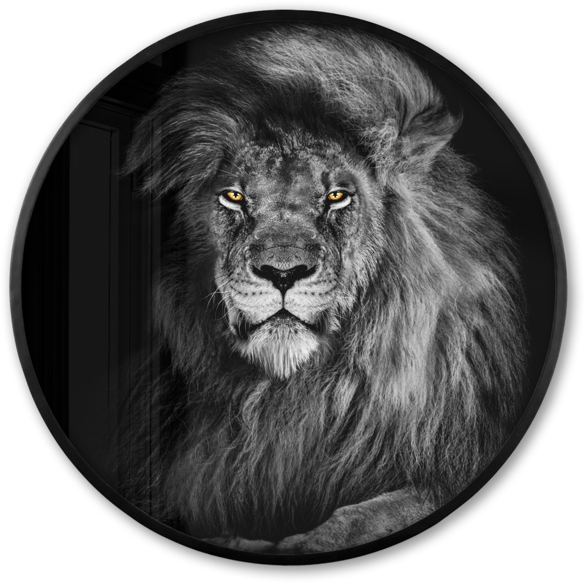 FrameYourWall Poster in lijst Rond - Fotolijst 60x60 cm - Posters - Leeuw - Ogen - Oranje - Zwart wit - Dieren - Portret - Ronde posterlijst zwart - Decoratie - Wanddecoratie woonkamer - Muurdecoratie slaapkamer Leeuw Zwart/Wit