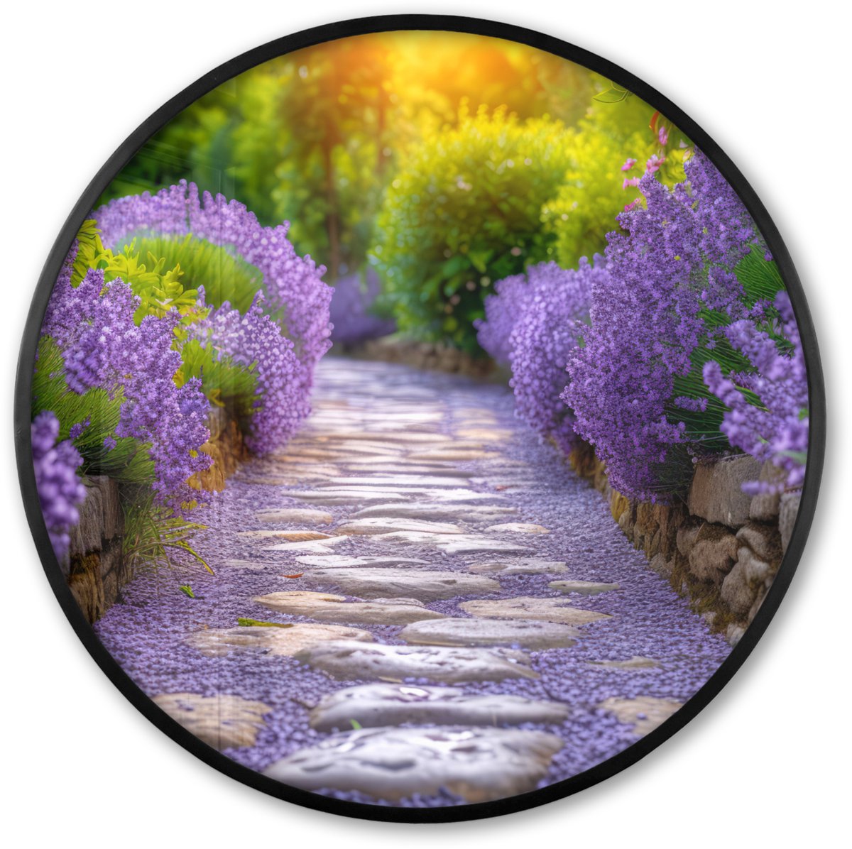 FrameYourWall Poster in lijst Rond - Fotolijst 80x80 cm - Posters - Bloemen - Pad - lavendel - Tuin - Ronde posterlijst zwart - Decoratie - Wanddecoratie woonkamer - Muurdecoratie slaapkamer Lavendel - Pad
