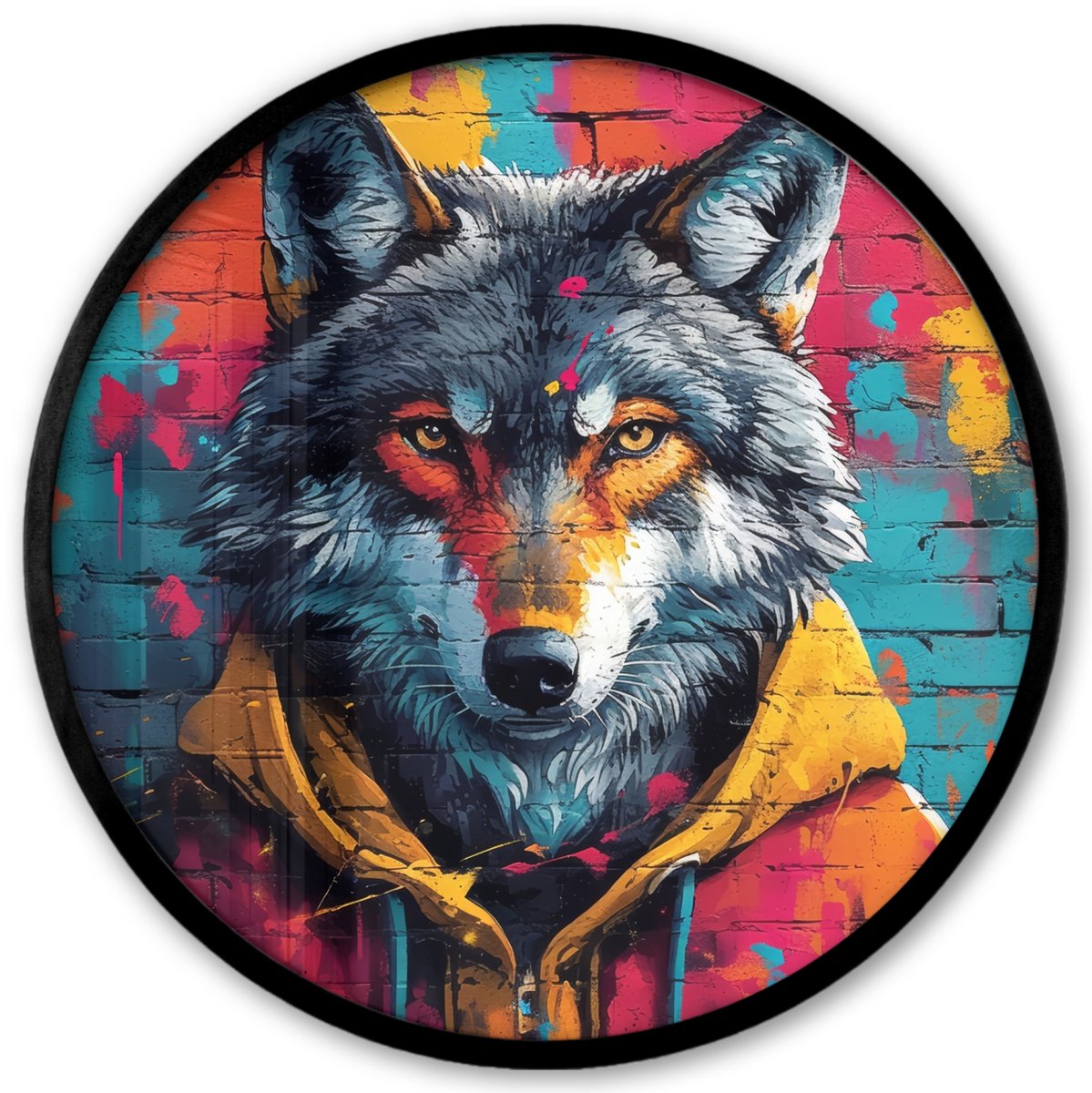FrameYourWall Poster in lijst Rond - Fotolijst 40x40 cm - Posters - Graffiti - Wolf - Street art - Blauw - Ronde posterlijst zwart - Decoratie - Wanddecoratie woonkamer - Muurdecoratie slaapkamer