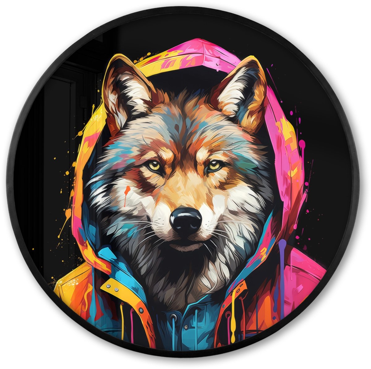 FrameYourWall Poster in lijst Rond - Fotolijst 60x60 cm - Posters - Graffiti - Wolf - Jas - Zwart - Ronde posterlijst zwart - Decoratie - Wanddecoratie woonkamer - Muurdecoratie slaapkamer