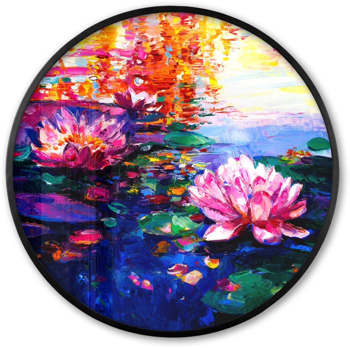 FrameYourWall Poster in lijst Rond - Fotolijst 60x60 cm - Posters - Schilderij - Waterlelie - Olieverf - Water - Ronde posterlijst zwart - Decoratie - Wanddecoratie woonkamer - Muurdecoratie slaapkamer Multicolor