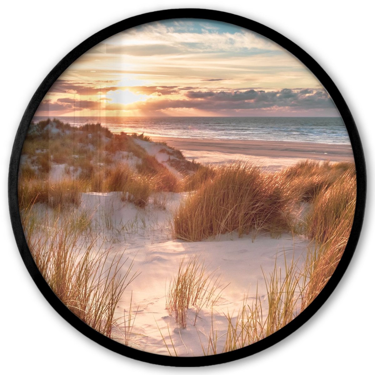 FrameYourWall Poster in lijst Rond - Fotolijst 40x40 cm - Posters - Duin - Planten - Zonsondergang - Strand - Zee - Ronde posterlijst zwart - Decoratie - Wanddecoratie woonkamer - Muurdecoratie slaapkamer